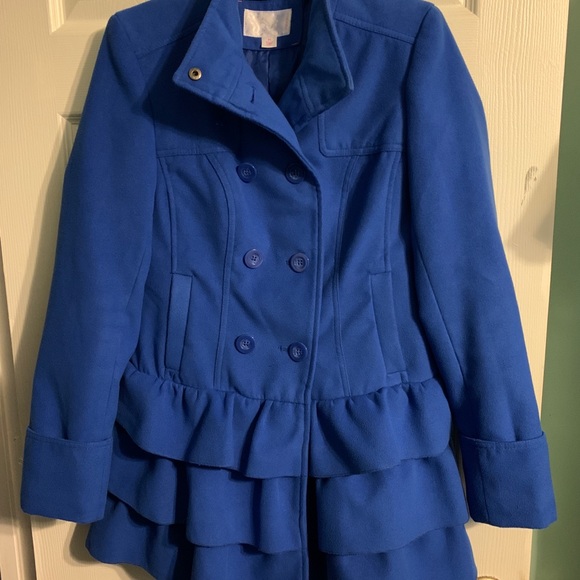 NWOT Xhilaration blue ruffle coat in MED - Picture 4 of 4